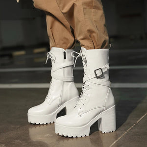 Mid Calf Lace Up Black Boots