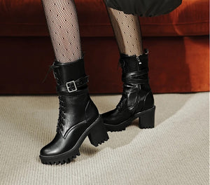 Mid Calf Lace Up Black Boots