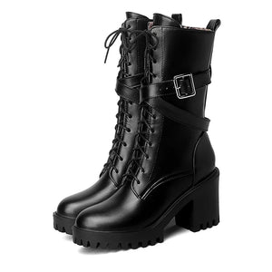 Mid Calf Lace Up Black Boots