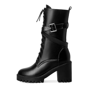Mid Calf Lace Up Black Boots