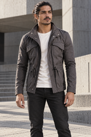 Military Field Jacket in dark grey, worn open with the waist drawcord visible, model front view