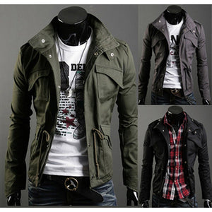 Military Field Jacket shown on mannequins in green, dark grey and black, front views side by side