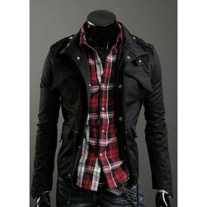 Black Military Field Jacket on a mannequin over a red plaid shirt, stand collar and snap placket