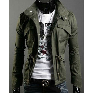Olive green Military Field Jacket on a mannequin, chest flap pockets, epaulettes and waist drawcord