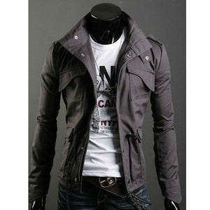 Dark grey Military Field Jacket on a mannequin over a graphic tee, high collar and drawcord waist