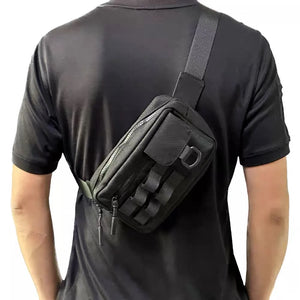 Black motorcycle techwear chest bag with adjustable harness