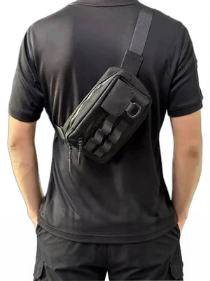 Black motorcycle techwear chest bag with adjustable harness