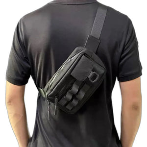 Black motorcycle techwear chest bag with adjustable harness