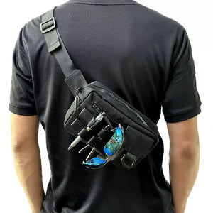 Black motorcycle techwear chest bag with adjustable harness