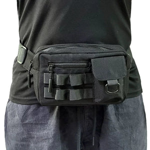 Black motorcycle techwear chest bag with adjustable harness