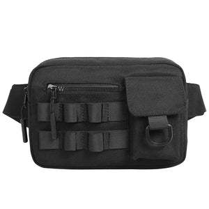 Black motorcycle techwear chest bag with adjustable harness