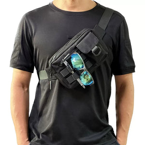 Black motorcycle techwear chest bag with adjustable harness