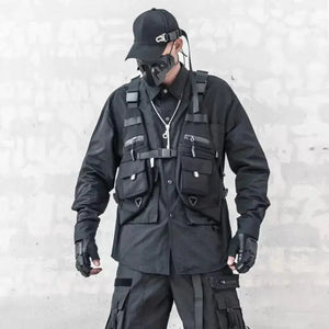 Black motorcycle techwear vest with adjustable fit