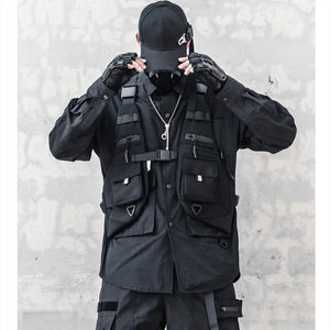 Black motorcycle techwear vest with adjustable fit