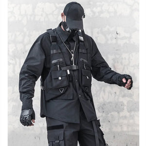 Black motorcycle techwear vest with adjustable fit