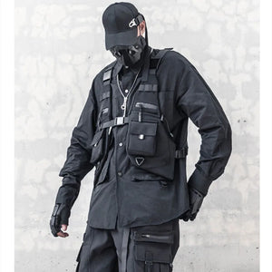 Black motorcycle techwear vest with adjustable fit