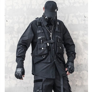Black motorcycle techwear vest with adjustable fit