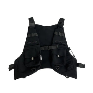 Black motorcycle techwear vest with adjustable fit