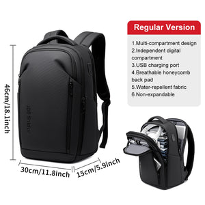 Black business backpack with several separate compartments and a padded back