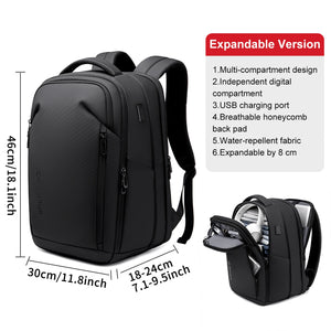 Black business backpack with several separate compartments and a padded back