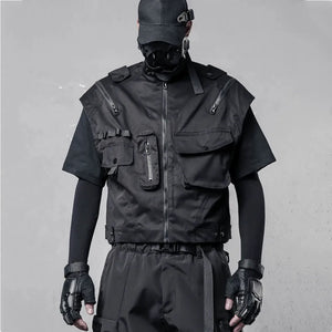 Black multi pocket cargo vest cut short at the waist