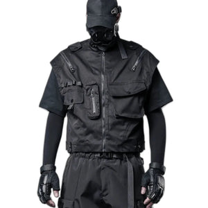 Black multi pocket cargo vest cut short at the waist