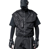 Black multi pocket cargo vest cut short at the waist