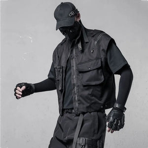 Black multi pocket cargo vest cut short at the waist
