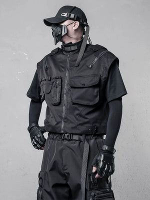 Black multi pocket cargo vest cut short at the waist