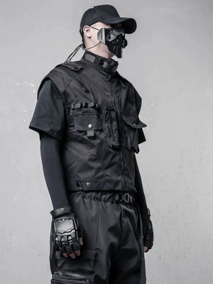 Black multi pocket cargo vest cut short at the waist