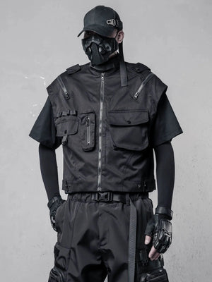 Black multi pocket cargo vest cut short at the waist
