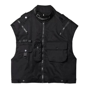 Black multi pocket cargo vest cut short at the waist