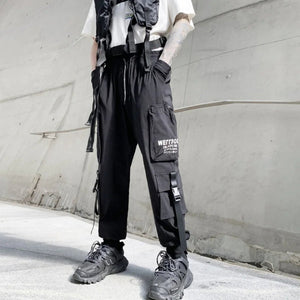 Multi-pocket Ribbon Patchwork Premium Black Pant