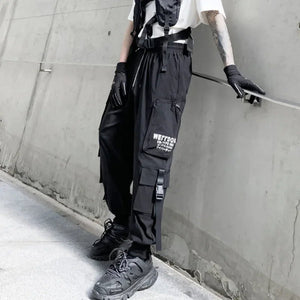 Multi-pocket Ribbon Patchwork Premium Black Pant