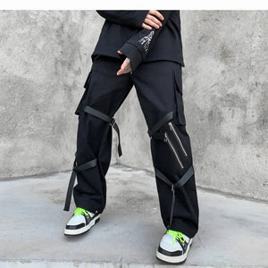 Multi-pocket Ribbon Stylish Black Pant