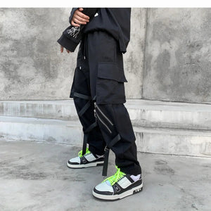 Multi-pocket Ribbon Stylish Black Pant