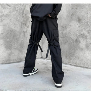 Multi-pocket Ribbon Stylish Black Pant