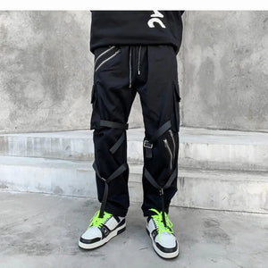 Multi-pocket Ribbon Stylish Black Pant