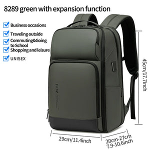 Black nylon backpack with an external USB port and multiple front pockets