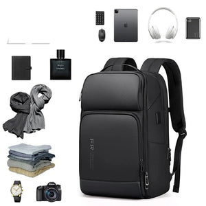 Black nylon backpack with an external USB port and multiple front pockets