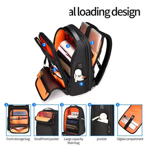 Black nylon backpack with an external USB port and multiple front pockets