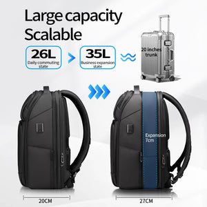 Black nylon backpack with an external USB port and multiple front pockets