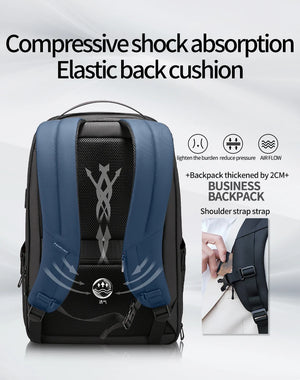 Black nylon backpack with an external USB port and multiple front pockets