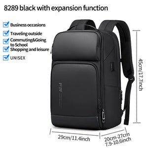 Black nylon backpack with an external USB port and multiple front pockets