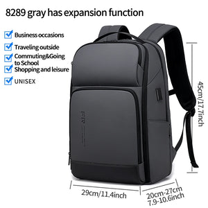 Black nylon backpack with an external USB port and multiple front pockets