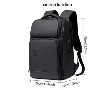 Black nylon backpack with an external USB port and multiple front pockets