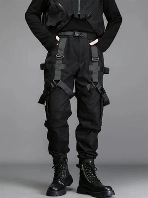Black multi pocket techwear pants in a regular fit