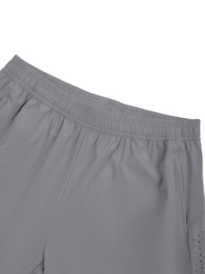 Close-up of the Light Gray shorts waistband, elastic band and side pocket edge with perforations