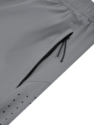 Detail of the zip side pocket on the Light Gray athletic shorts, black zipper and perforated panel