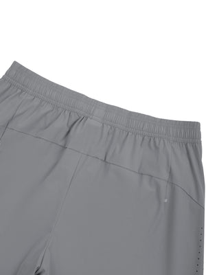Back waistband detail of the Light Gray nylon shorts, yoke seam with a small light dot